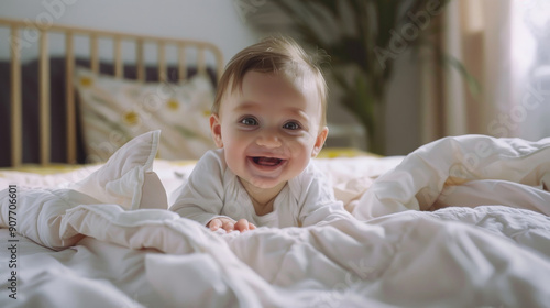 Wallpaper Mural A cheerful baby in white smiles broadly while lying on a comfy bed, emitting pure joy and innocence. Torontodigital.ca