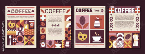 Pattern coffee poster. Icon cacao bean abstract background, menu cover design. Bauhaus business style template, design banner. Geometric cafe decoration, restaurant brochure. Vector tidy mosaic set