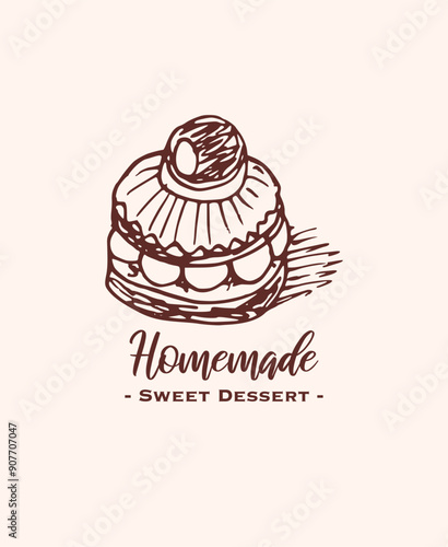 Drawing of pastry products, desserts. Food menu design template, logo. Hand drawn sketch vector illustration.