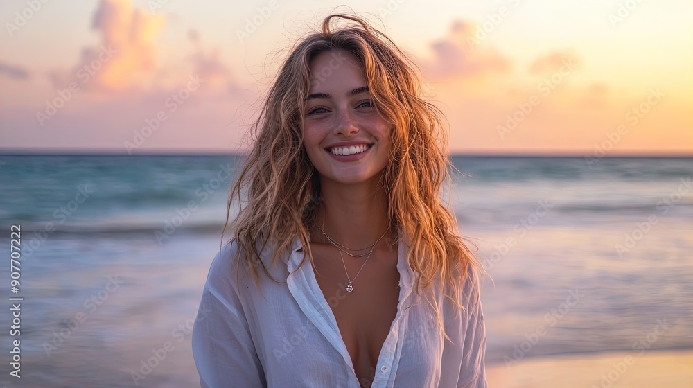 Radiant Smiling Woman with Long Blonde Hair on a Serene Beach at Sunset for Wellness and Lifestyle Campaigns Radiant Smiling Woman with Long Blonde Hair on a Serene Beach at Sunset for Wellness and Lifestyle Campaigns