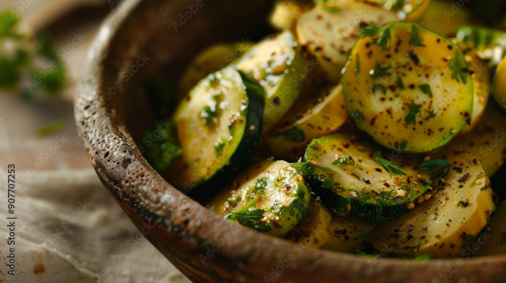 A rustic wooden bowl filled with seasoned, grilled zucchini slices garnished with herbs, reflecting a healthy and appetizing culinary delight. A rustic wooden bowl filled with seasoned, grilled zucchini slices garnished with herbs, reflecting a healthy and appetizing culinary delight.
