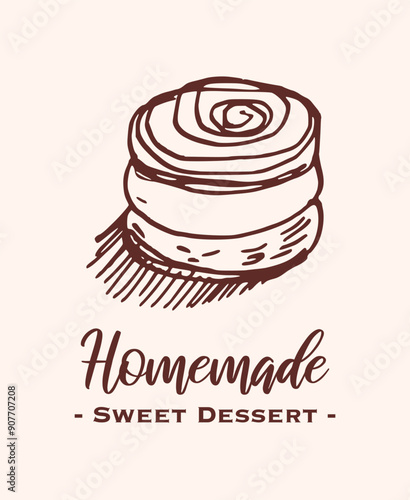 Drawing of pastry products, desserts. Food menu design template, logo. Hand drawn sketch vector illustration.