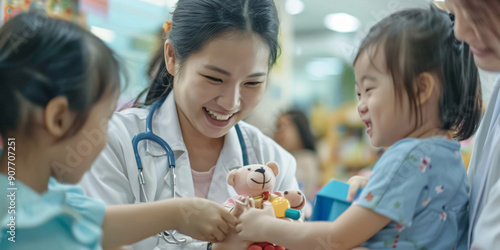 A female doctor examines a teddy bear with a young patient. The doctor is smiling and the patient is laughing.. asian woman