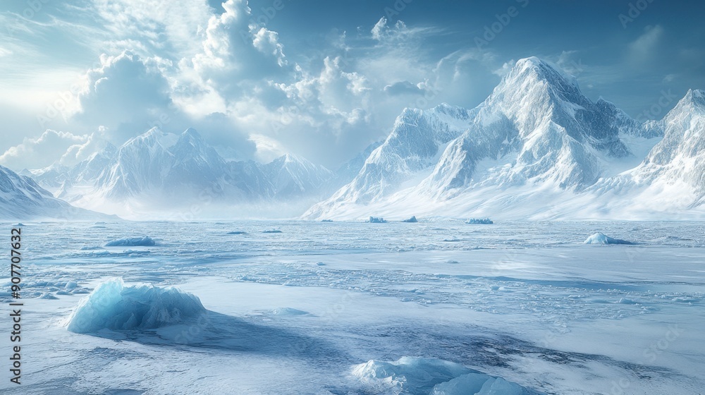 Arctic glacier landscape with ice formations and mountains, depicting a pristine natural environment. Arctic glacier landscape with ice formations and mountains, depicting a pristine natural environment.
