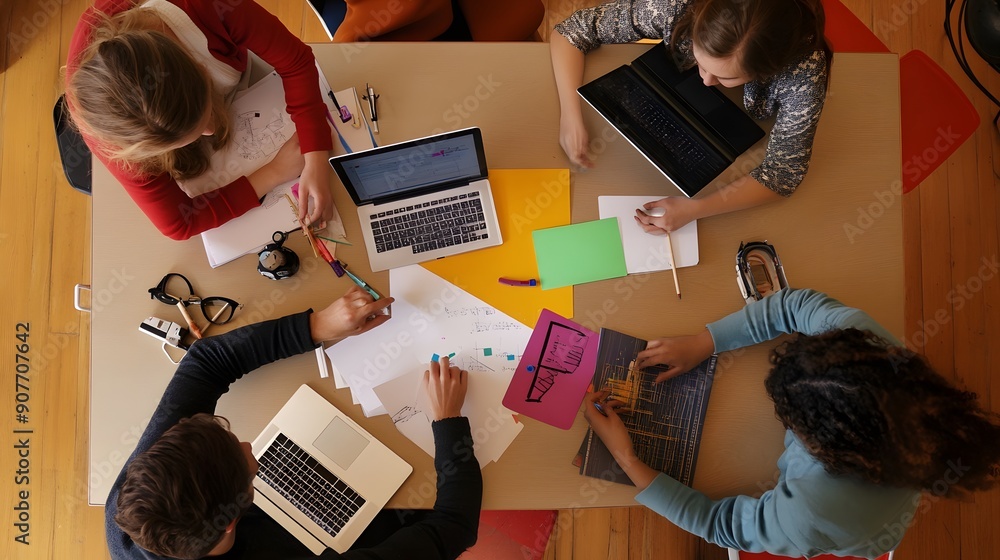 Four diverse young professionals collaborate on a project around a table. Four diverse young professionals collaborate on a project around a table.
