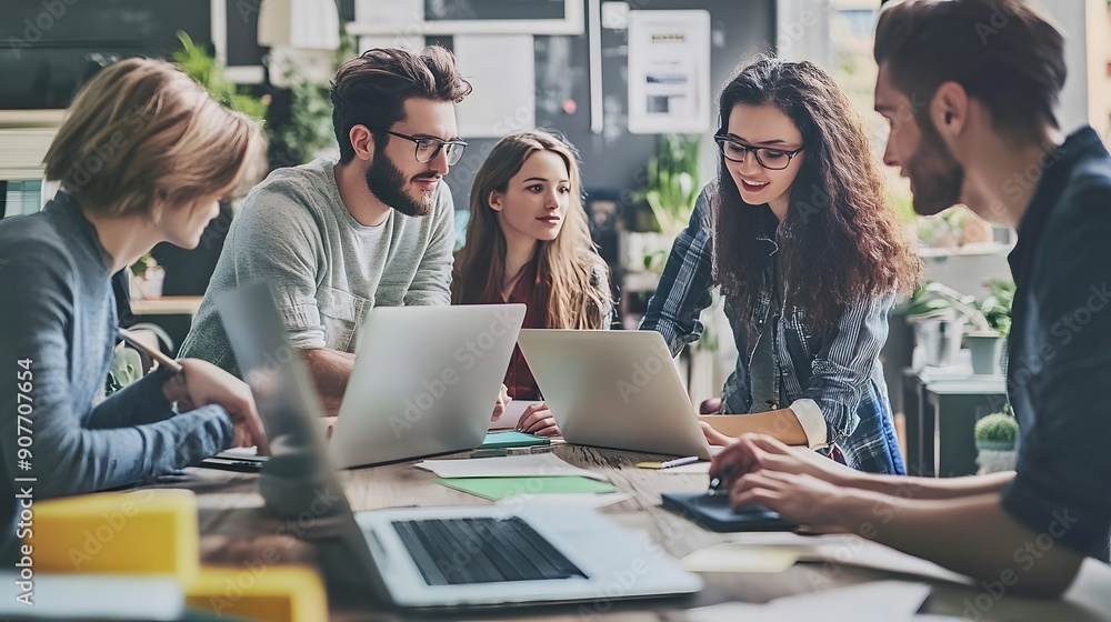 A group of young professionals collaborate on a project around a table, using laptops and a tablet. A group of young professionals collaborate on a project around a table, using laptops and a tablet.
