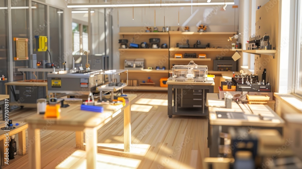 Picture a 3D makerspace with workbenches, tools, and 3D printers. Picture a 3D makerspace with workbenches, tools, and 3D printers.