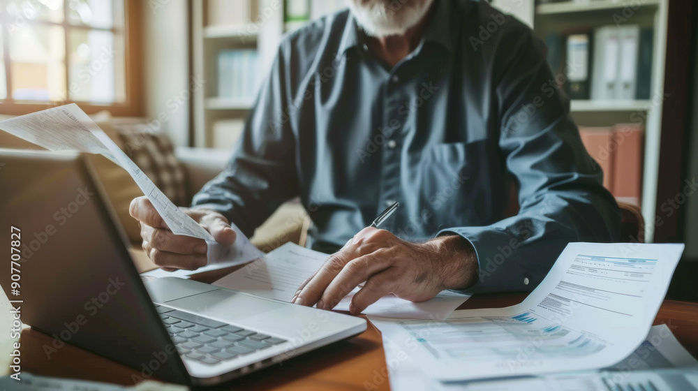 An elder person diligently examining papers at a desk with a laptop, in a well-organized home office. An elder person diligently examining papers at a desk with a laptop, in a well-organized home office.