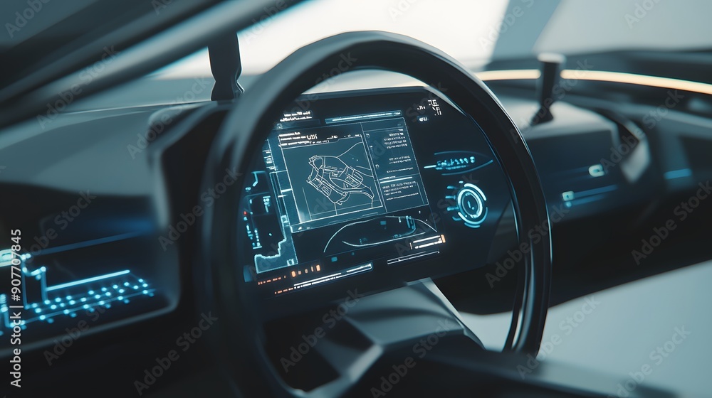 Close-up of a futuristic car's dashboard with a digital display showing a map and other information. Close-up of a futuristic car's dashboard with a digital display showing a map and other information.