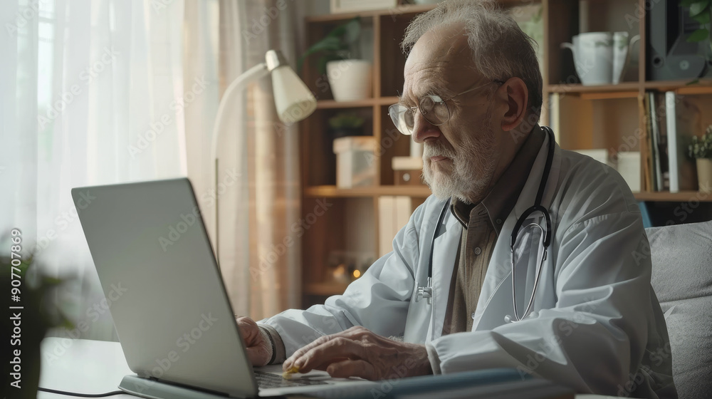 An elderly doctor with glasses and a stethoscope focuses intently on his laptop in a cozy, professional office setting. An elderly doctor with glasses and a stethoscope focuses intently on his laptop in a cozy, professional office setting.