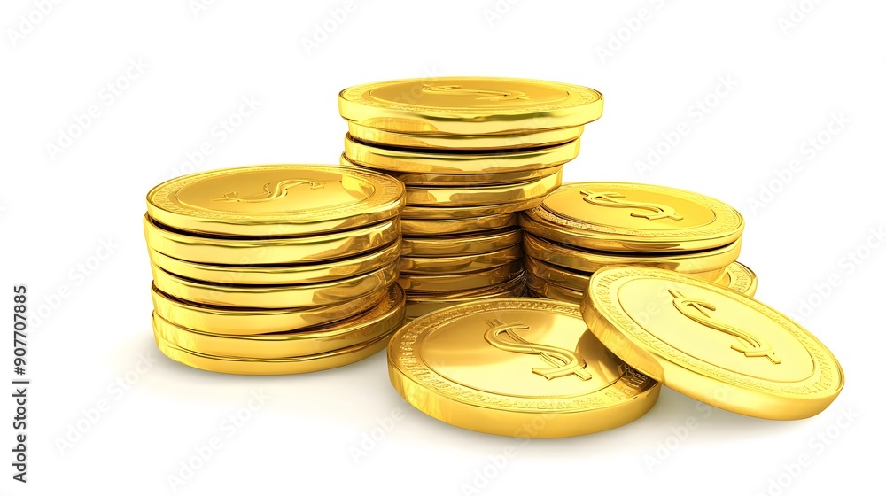 Stacks of gold coins with a dollar sign on a white background. Stacks of gold coins with a dollar sign on a white background.
