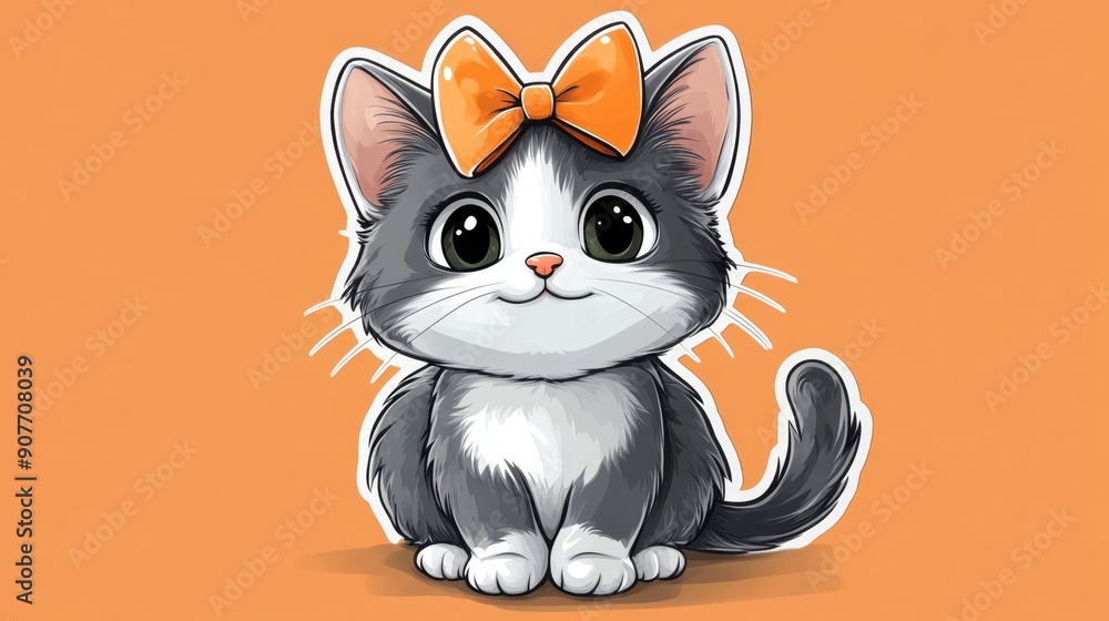 Obraz premium Cartoon cat sticker with a bow on its head, presenting a cute and playful design.