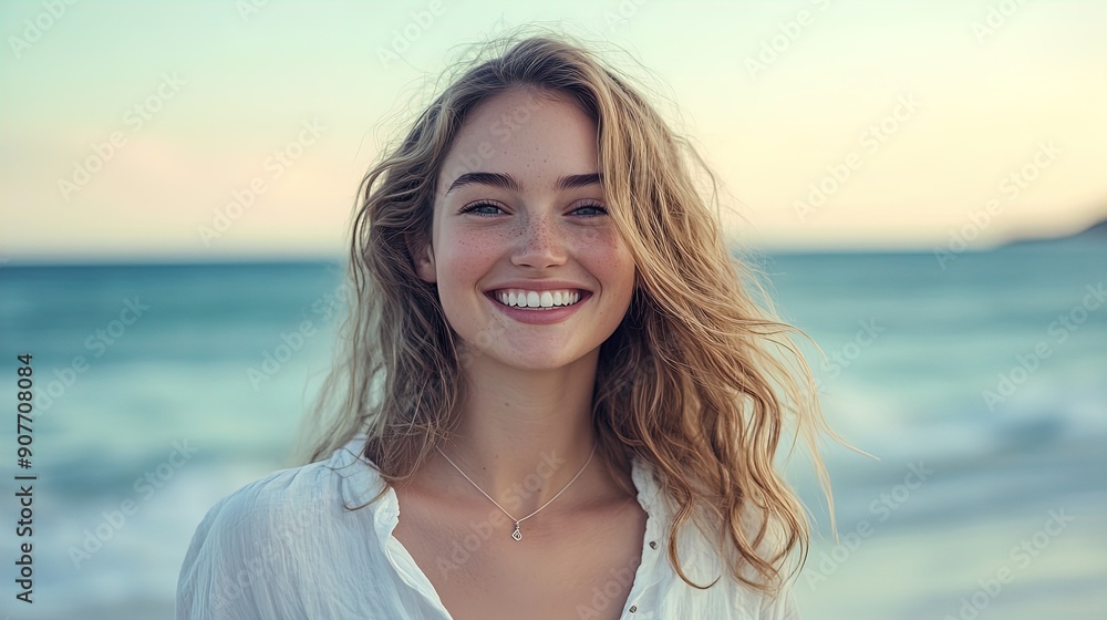 Radiant Smiling Woman with Long Blonde Hair on a Serene Beach at Sunset for Wellness and Lifestyle Campaigns Radiant Smiling Woman with Long Blonde Hair on a Serene Beach at Sunset for Wellness and Lifestyle Campaigns