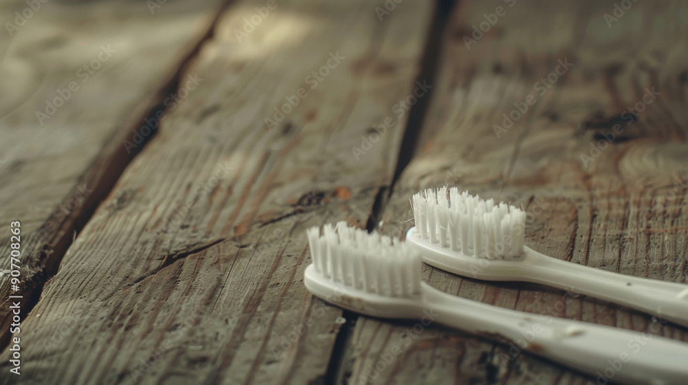 Two toothbrushes lie parallel on a rustic wooden surface, suggesting simplicity and natural living. Two toothbrushes lie parallel on a rustic wooden surface, suggesting simplicity and natural living.