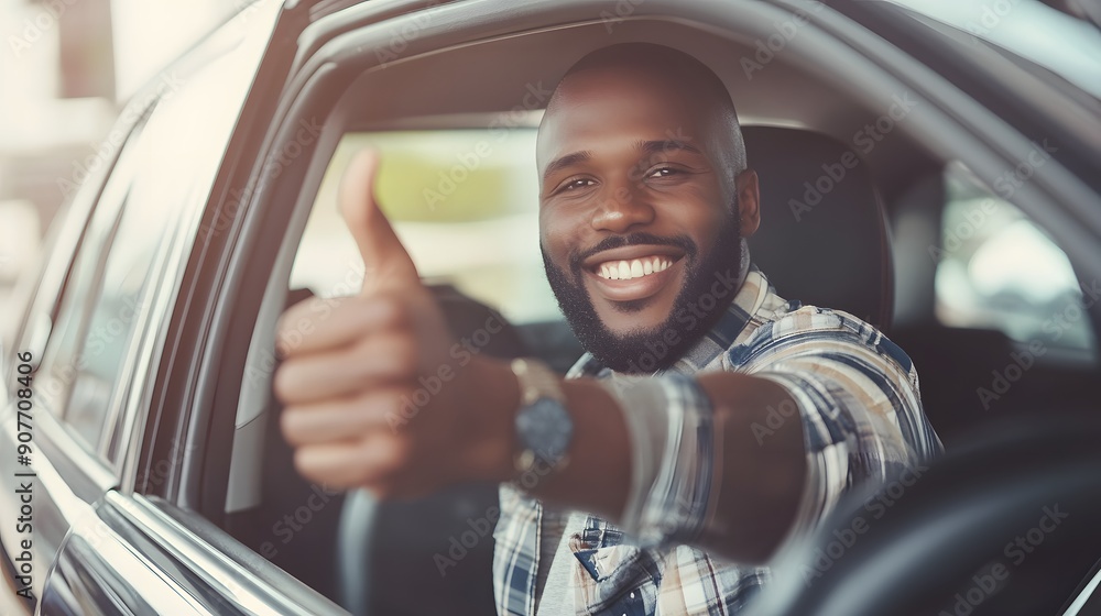 A smiling African-American man gives a thumbs up from the driver's seat of a car. A smiling African-American man gives a thumbs up from the driver's seat of a car.