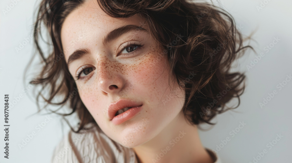 A striking close-up portrait of an individual with curly hair and freckles, exuding confidence and a serene expression. A striking close-up portrait of an individual with curly hair and freckles, exuding confidence and a serene expression.