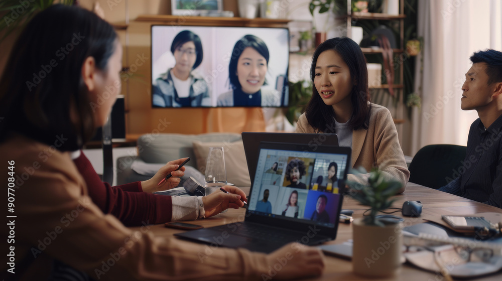 A hybrid meeting with two people in the room and others on a video call, focusing on effective communication and collaboration.