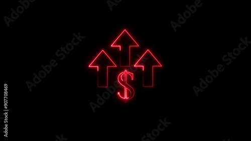 Glowing neon line of dollar sign icon and up arrow isolated on transparent background. Money, profit, inves photo