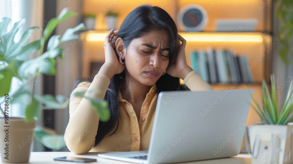 A distressed woman holds her head in frustration while working on a laptop at a desk, surrounded by plants and books in a home office. A distressed woman holds her head in frustration while working on a laptop at a desk, surrounded by plants and books in a home office.