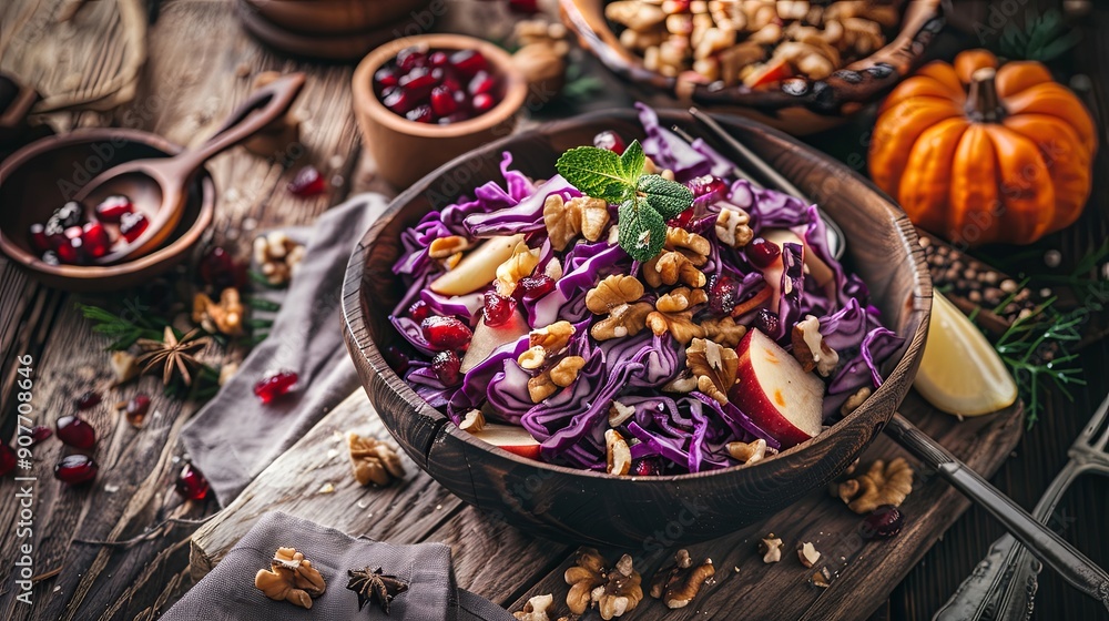 Vibrant Red Cabbage Carrot Apple Salad with Nuts and Cranberry Coleslaw - Perfect for Autumn or Winter Season Menu Presentation Vibrant Red Cabbage Carrot Apple Salad with Nuts and Cranberry Coleslaw - Perfect for Autumn or Winter Season Menu Presentation