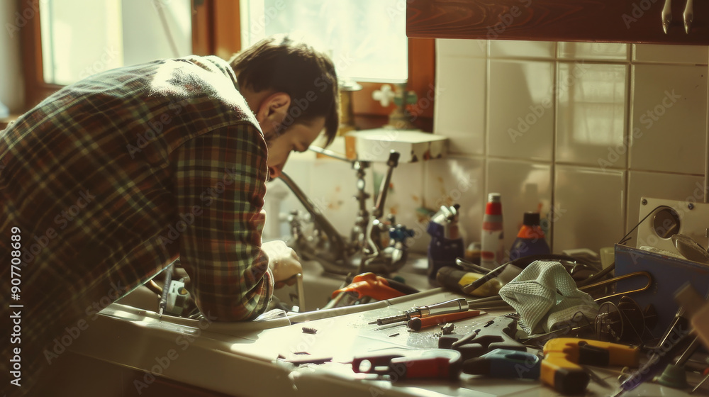 A man intensely focused on fixing a kitchen sink surrounded by various tools, capturing the essence of a handyman at work. A man intensely focused on fixing a kitchen sink surrounded by various tools, capturing the essence of a handyman at work.