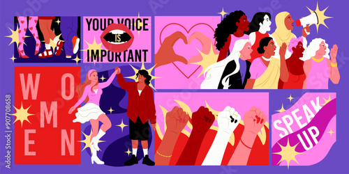 Feminism woman international. Empowerment female template. March rights women. Womens day concept poster card. Group community girl. tolerance and diversity people vector cartoon flat style background