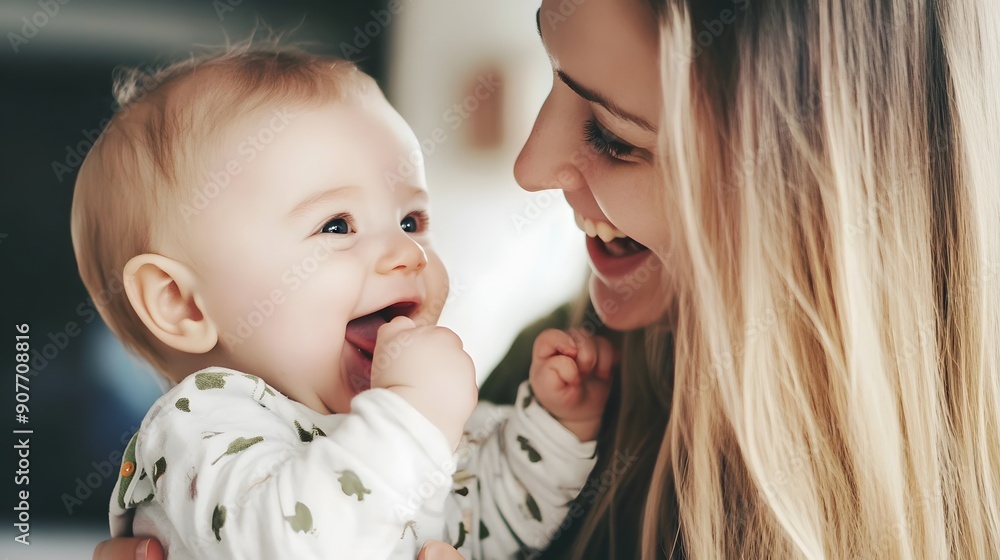 A young mother smiles at her baby, who is happily sucking on his fingers. A young mother smiles at her baby, who is happily sucking on his fingers.