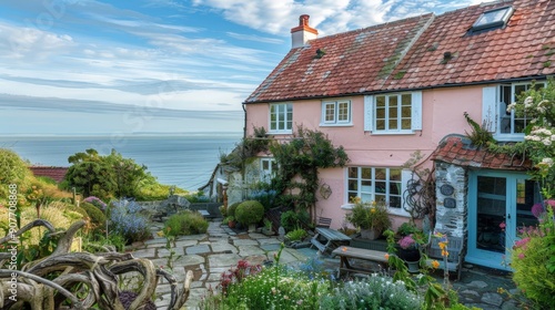 Picture a charming seaside cottage in Cornwall with pastel-colored walls, a tiled roof, and a front garden overlooking the ocean.