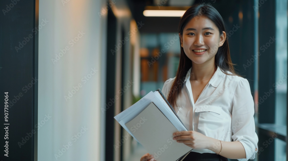 A smiling young woman in professional attire holds documents in a modern office hallway, exuding confidence and readiness. A smiling young woman in professional attire holds documents in a modern office hallway, exuding confidence and readiness.
