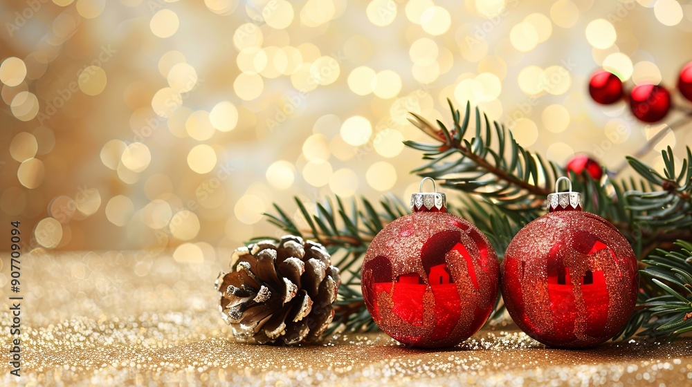 Festive Red Christmas Ornaments and Fir Branches on Glittering Gold Background Festive Red Christmas Ornaments and Fir Branches on Glittering Gold Background