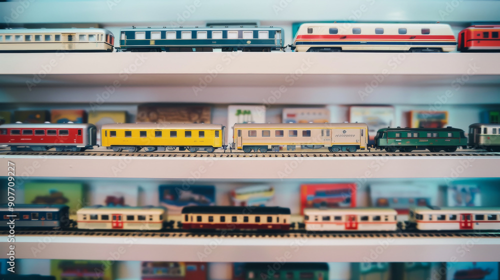 A vibrant collection of model trains displayed on shelves, evoking nostalgia and the charm of miniature worlds. A vibrant collection of model trains displayed on shelves, evoking nostalgia and the charm of miniature worlds.