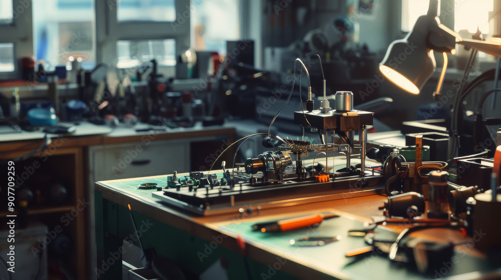 A cluttered workshop with electronic components and tools, bathed in cozy light, showing the spirit of innovation.