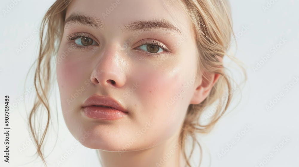 A person with light blonde hair gazing intently into the camera, with a naturally radiant complexion against a simple, bright background. A person with light blonde hair gazing intently into the camera, with a naturally radiant complexion against a simple, bright background.