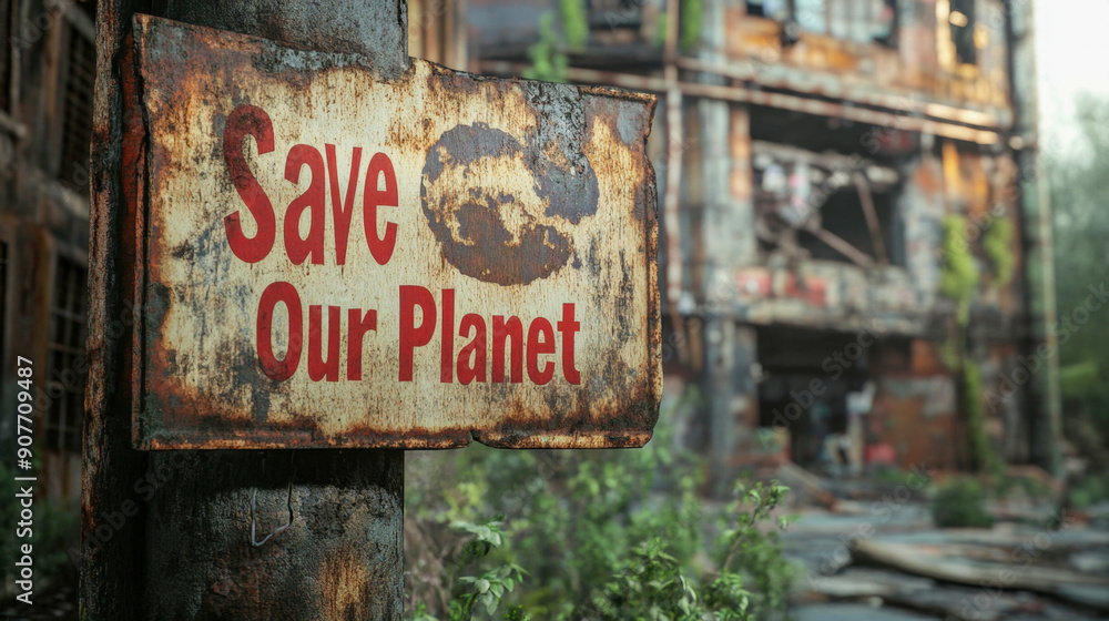 Fototapeta premium Rusty save our planet sign in front of destroyed building
