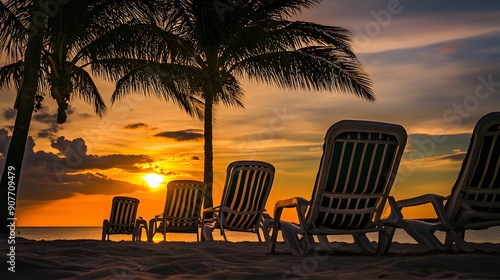 Silhouetted palm trees frame a stunning sunset as empty lounge chairs await on a sandy beach.