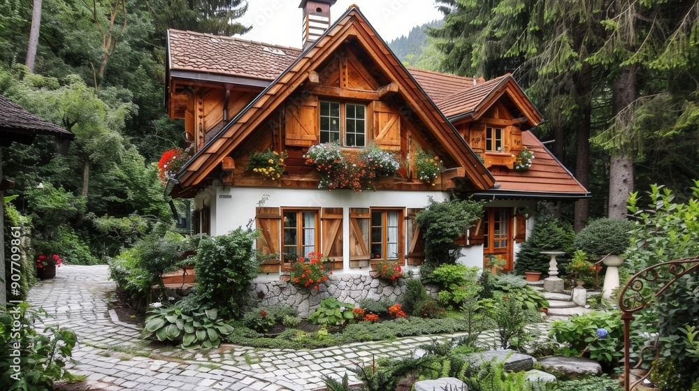 Picture a cozy chalet in the mountains with wooden beams, a steeply pitched roof, and flower boxes under the windows. Picture a cozy chalet in the mountains with wooden beams, a steeply pitched roof, and flower boxes under the windows.