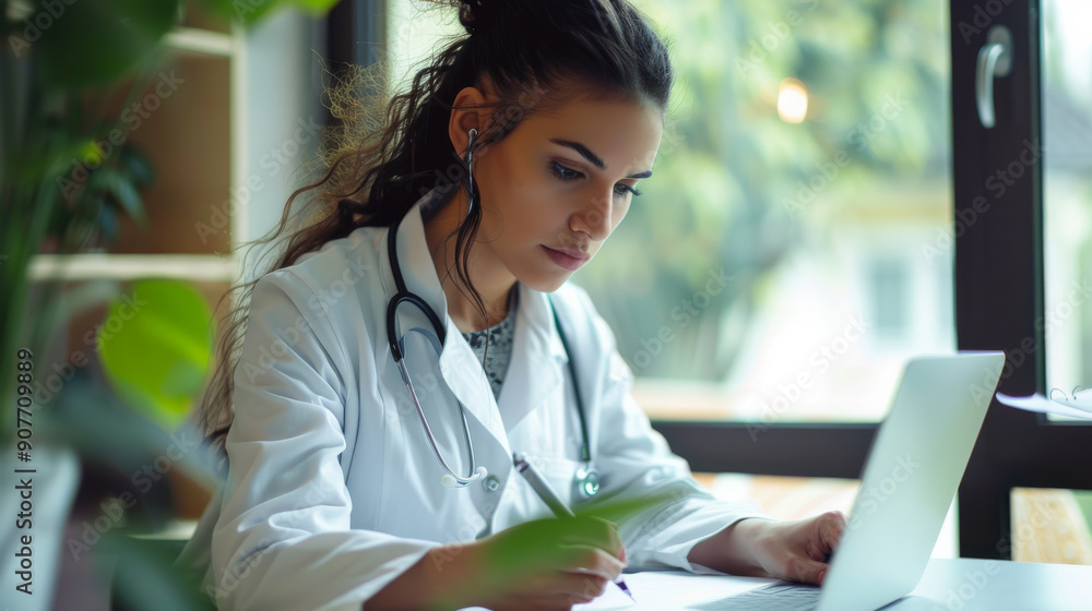 A focused female doctor in a white coat types on her laptop in a bright, cozy room, surrounded by greenery. A focused female doctor in a white coat types on her laptop in a bright, cozy room, surrounded by greenery.