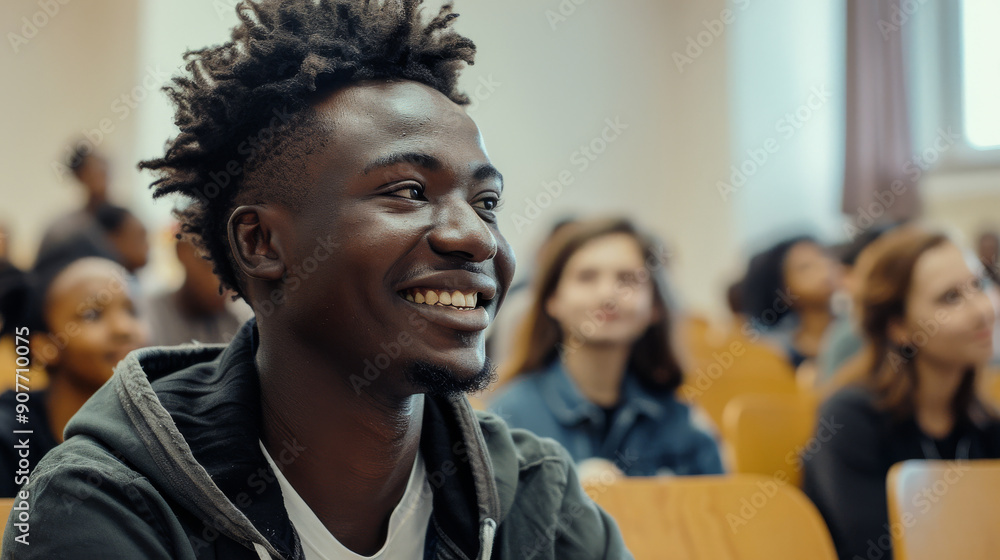 A smiling student sitting in a classroom, looking engaged and happy, with other students in the background attentively listening to a lecture. A smiling student sitting in a classroom, looking engaged and happy, with other students in the background attentively listening to a lecture.