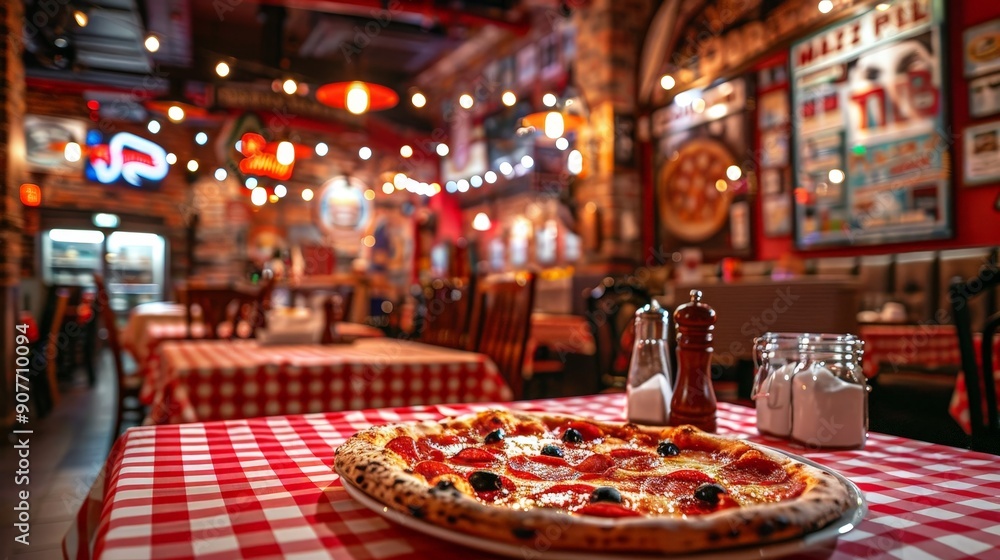 Picture a cozy Italian pizzeria with red-and-white checkered tablecloths, vintage posters on the walls, and dim, warm lighting. Picture a cozy Italian pizzeria with red-and-white checkered tablecloths, vintage posters on the walls, and dim, warm lighting.