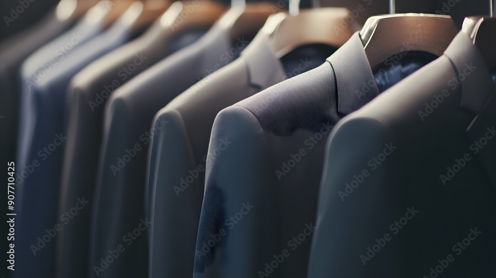 Fototapeta premium A row of suits hanging on hangers, showcasing the tailored elegance of men's formal wear.