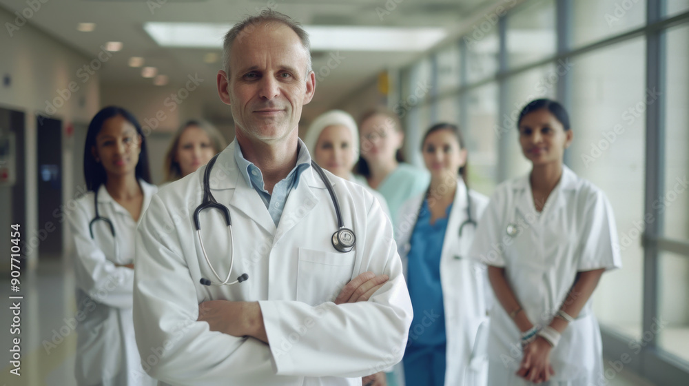 A team of diverse doctors confidently standing together in a hospital corridor, showing unity and professionalism. A team of diverse doctors confidently standing together in a hospital corridor, showing unity and professionalism.