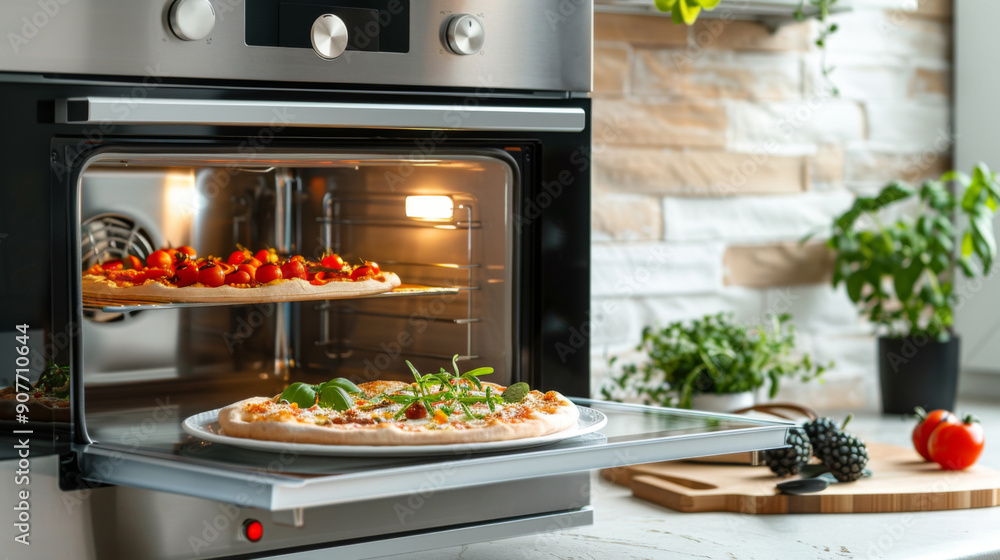 A pizza is in an oven with a plant in the background A pizza is in an oven with a plant in the background