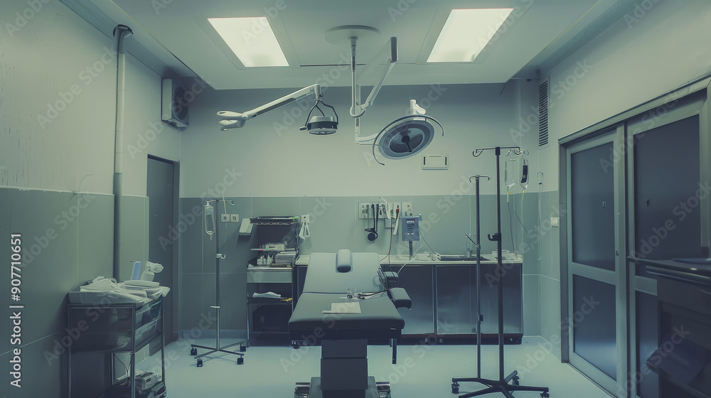 An empty, sterile hospital operating room is depicted, with clean lines and advanced medical equipment arranged methodically. An empty, sterile hospital operating room is depicted, with clean lines and advanced medical equipment arranged methodically.