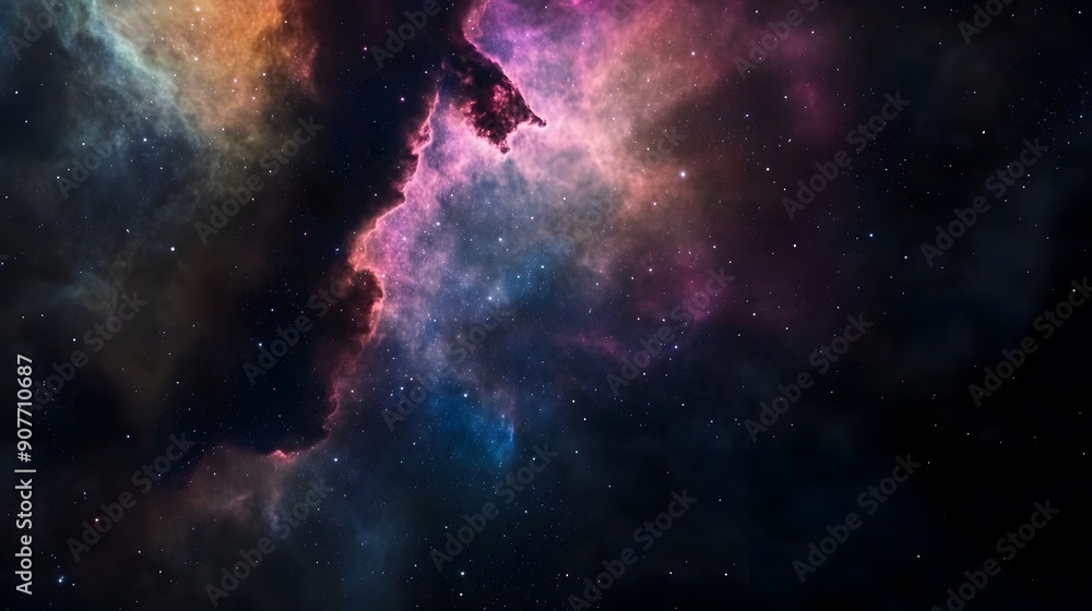 Fototapeta premium A vast, dark space filled with bright, colorful nebulae.