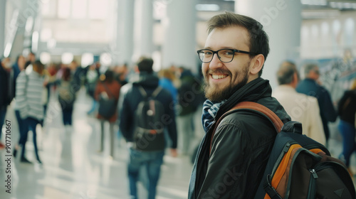 A man with glasses and a backpack turns to smile at the camera inside a busy, modern travel terminal filled with people.