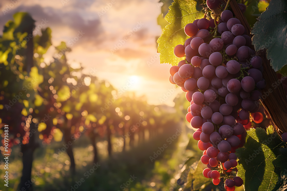 Fototapeta premium A scenic grape field during harvest season, filled with ripe clusters of grapes ready to be picked. The scene captures the vibrant colors of the vineyard, the abundance of fruit, and the hard work of 