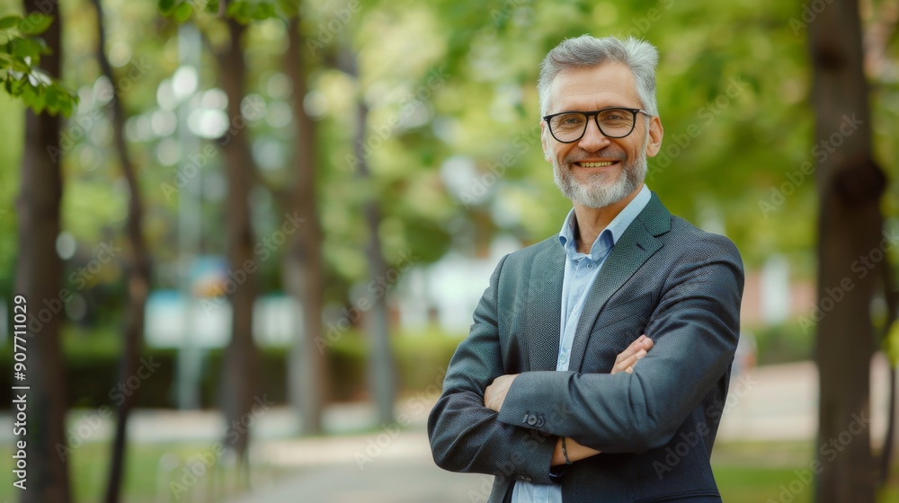 A mature, distinguished man in a suit stands confidently in a leafy park, arms crossed and smiling warmly. A mature, distinguished man in a suit stands confidently in a leafy park, arms crossed and smiling warmly.