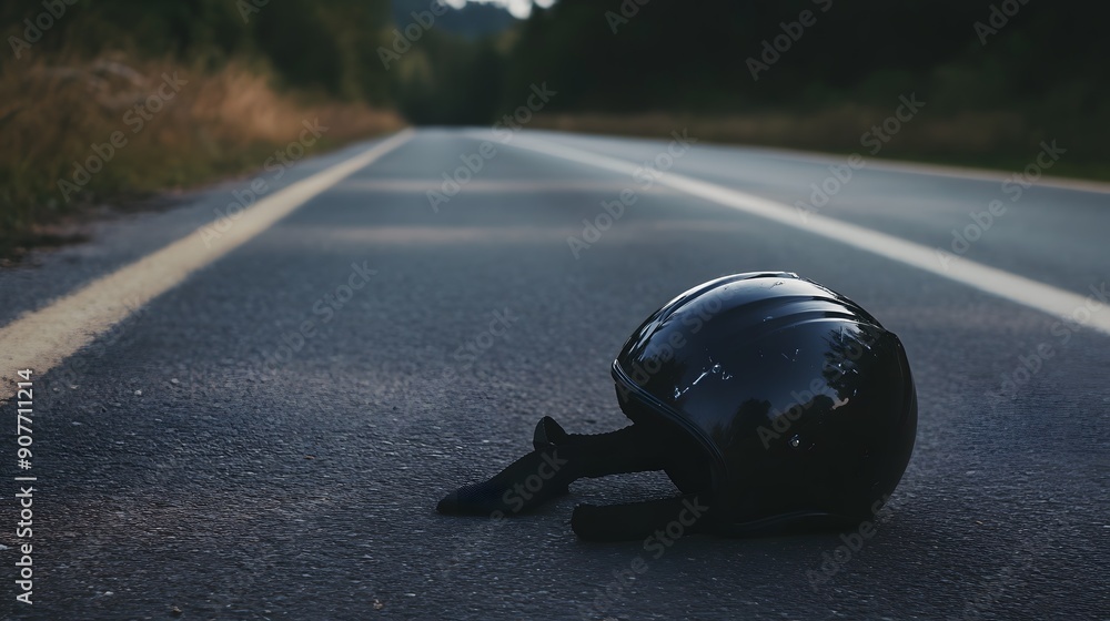 Fototapeta premium A black motorcycle helmet lies on the asphalt of a road, the road stretching out ahead. 