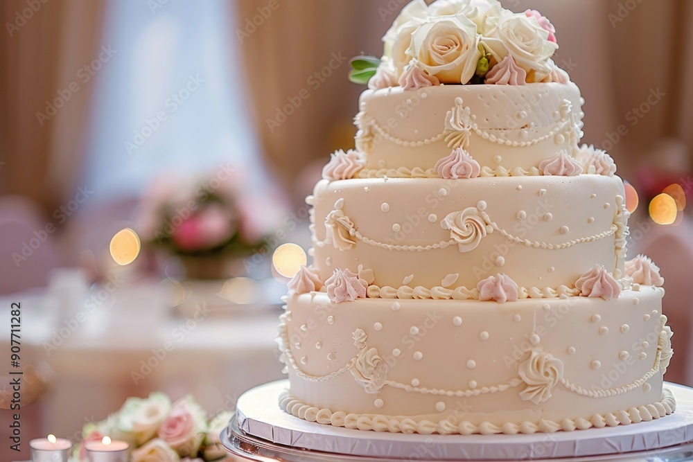 A beautifully decorated three tiered wedding cake sits atop a table A beautifully decorated three tiered wedding cake sits atop a table