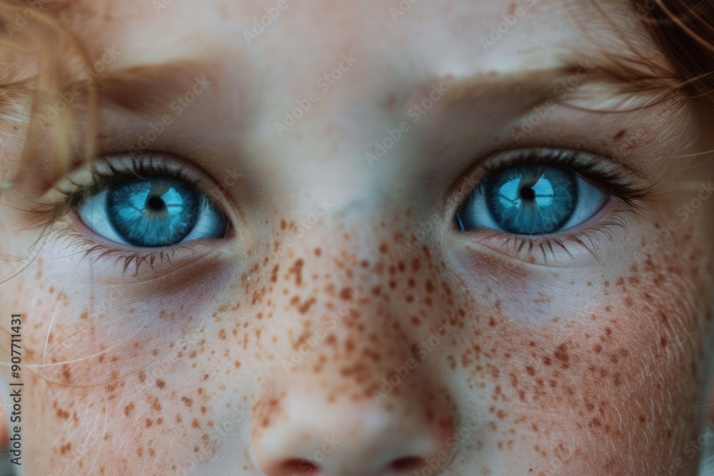 A close up of a kid's face with freckles and blue eyes A close up of a kid's face with freckles and blue eyes